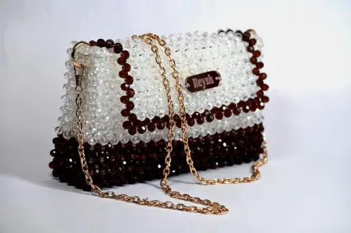 Crystal Beaded Clutch: Handmade Party Purse with Gold Chain