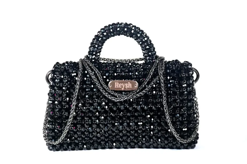Black Diamond Crystal Beaded Clutch: Handmade Evening Bag with Gold Chain