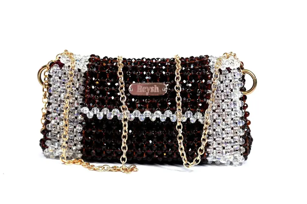 Brown & Silver Crystal Beaded Crossbody Bag – Handmade Clutch with Gold Chain